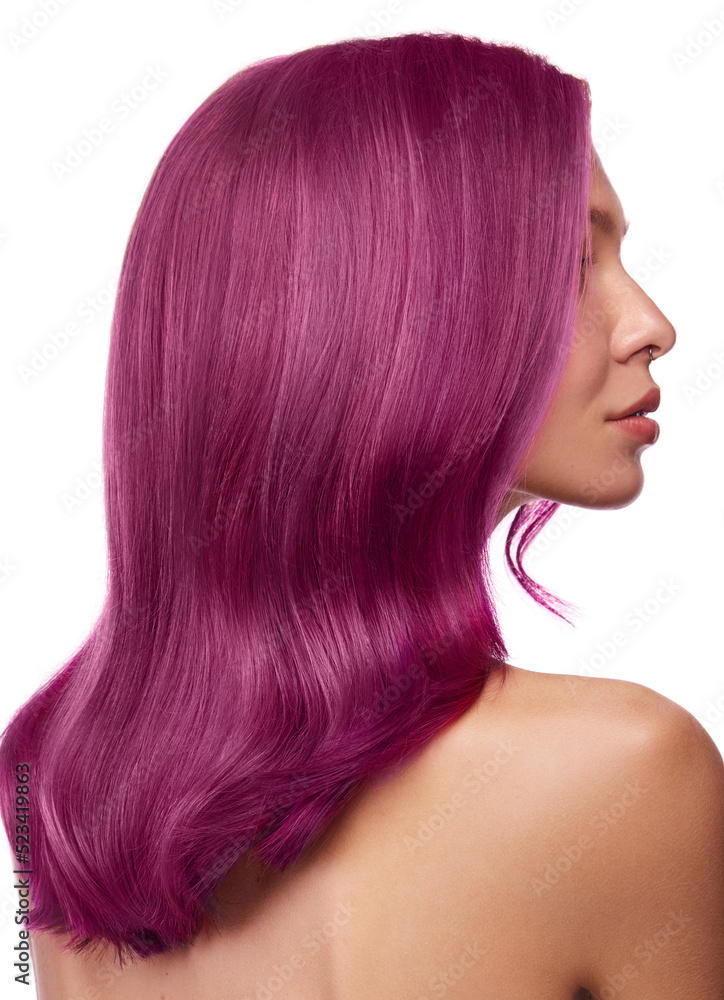 Naklejka premium Beautiful girl with multi-colored hair and classic make-up and hairstyle. Beauty face.