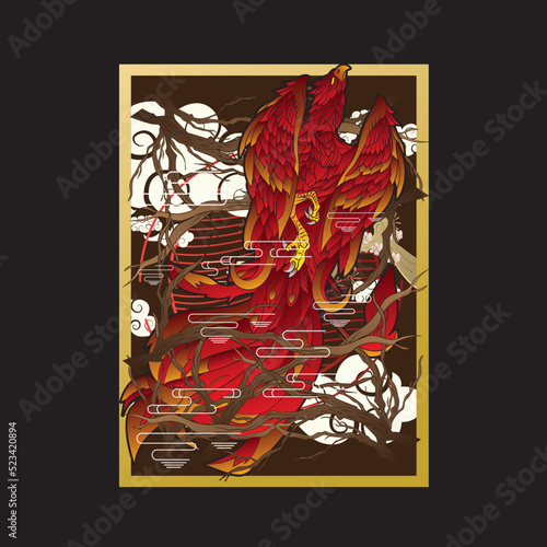 phoenix illustration with japanese style background