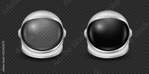 Vector 3d Realistic Astronaut Helmets, Cosmonaut Mask with Transparent Glass Visor for Space Exploration, Icon Set Isolated. White Suit Part for Spaceman Head Protection. Space Helmet Design Template