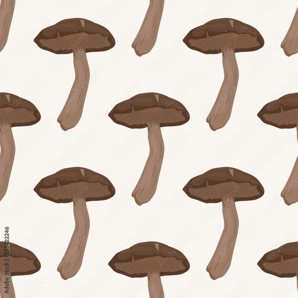 Vector Seamless Pattern with Shiitake Mushroom on White. Seamless Texture, Hand Drawn Cartoon Shiitake Mushrooms. Design Template for Textile, Wallpaper, Print