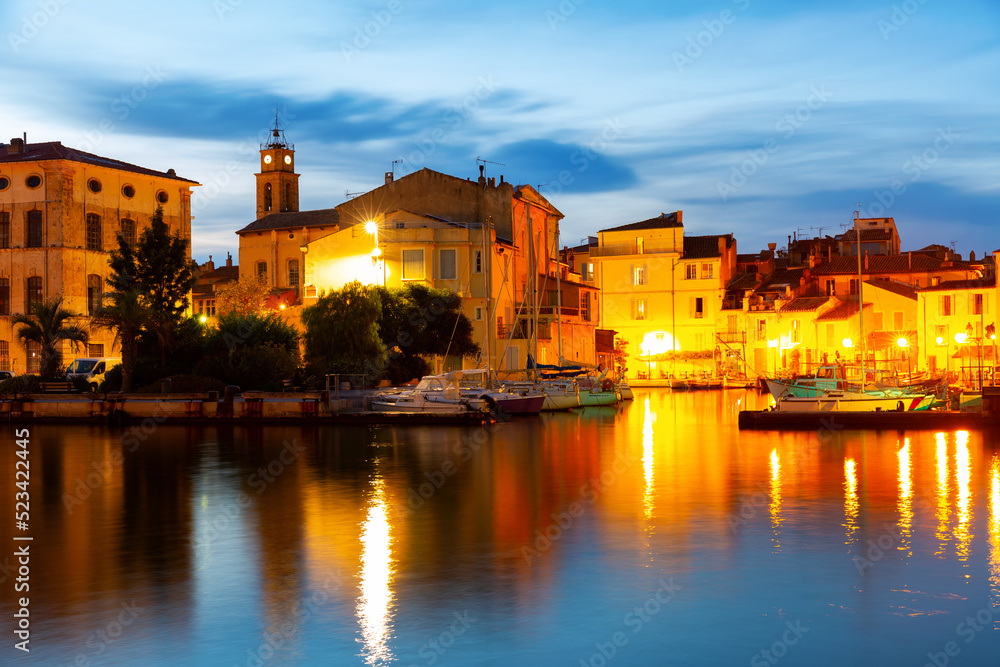 Night view of landscape of old town of Martigues on Mediterranean coast with scenic canals and marina in summer, Bouches-du-Rhone department, France