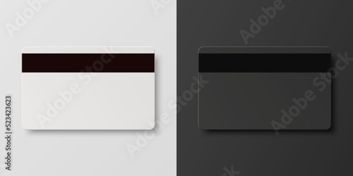 Vector 3d Realistic Black and White Blank Card with Magnetic Strip Set Isolated. Design Template of Plastic Magnetic Credit or Debit Card for Mockup, Branding. Credit Card Payment Concept. Top View