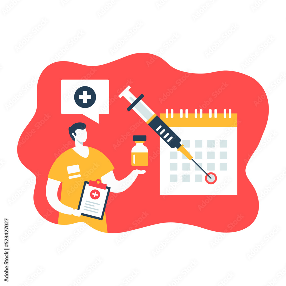 Vaccination schedule. Immunization concept. Doctor, medical clipboard, vaccine, syringe and calendar with marked vaccination date. Vector illustration