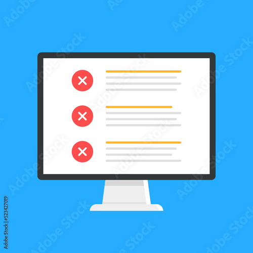 Computer and checklist with x marks. PC and check list with cross marks. Vector illustration