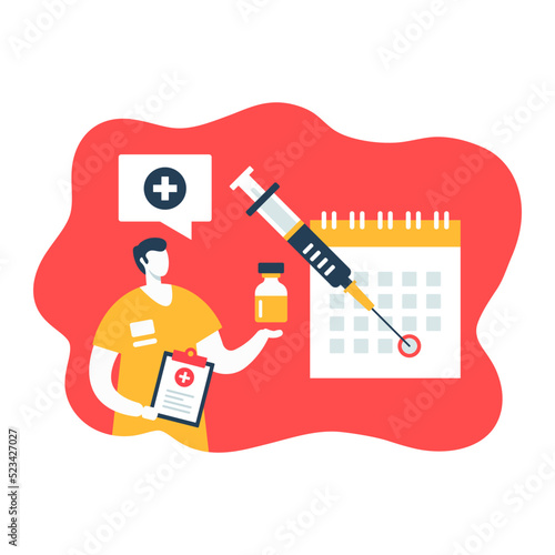 Vaccination schedule. Immunization concept. Doctor, medical clipboard, vaccine, syringe and calendar with marked vaccination date. Vector illustration