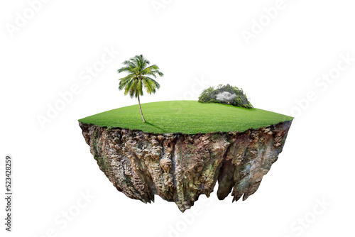 round soil ground cross section with earth land and green grass.  fantasy floating island with natural on the rock, surreal float landscape with paradise concept isolated on white background photo