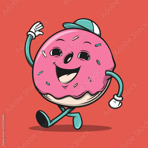 Hand drawn doughnut retro vintage bakery cartoon mascot logo illustration
