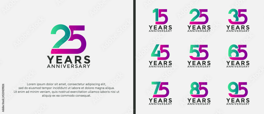 set of anniversary logotype purple and green color on white background for celebration moment