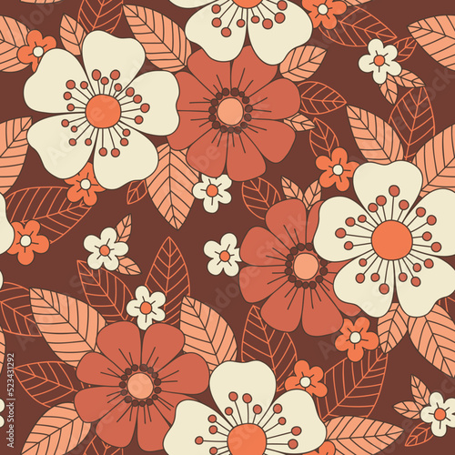 Monochrome Orange and Brown Large Scale Hand-Drawn Floral Vector Seamless Pattern. Retro 70s Style Nostalgic Fashion Textile Bold Background. Summer Resort Print. Daisies. Flower Power