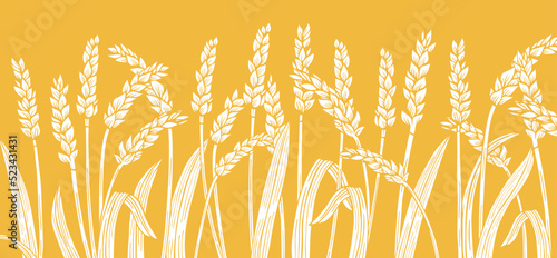 Wheat ear engraved border background. Cereals ripe spike frame horizontal pattern. Agricultural silhouette press, flour production. Design template, banner for farm stencil, organic bread, beer vector