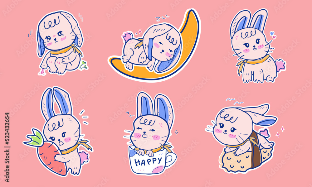 Fototapeta premium cute rabbit Set of funny bunny, Various poses of cute characters, doodle illustrations. Cartoon suitable for sublimation, shirt, postcard ,poster ,printable ,stationery ,kids and baby product,etc.