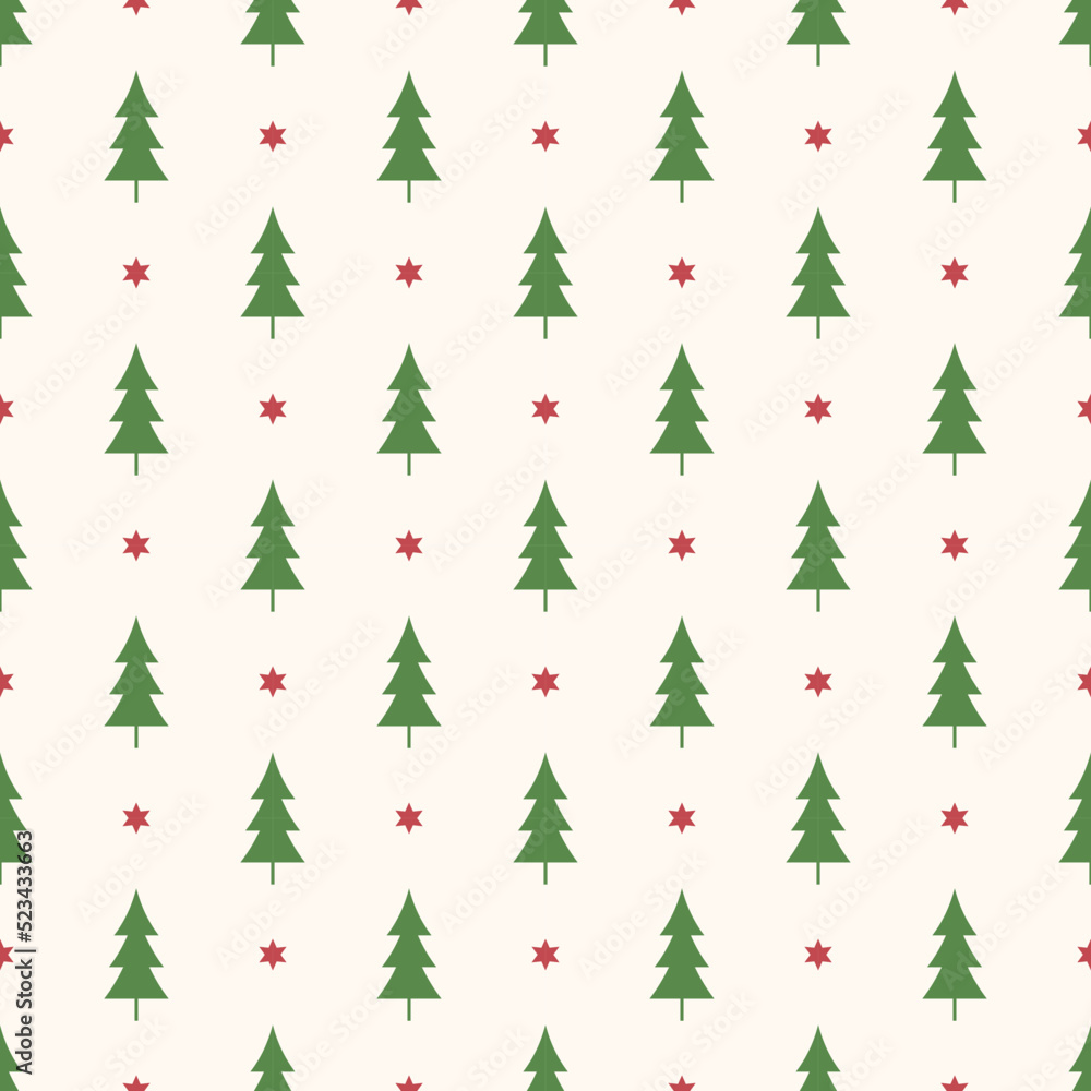 Obraz premium Seamless pattern with Christmas trees and stars. Green silhouette of trees and red tiny stars on white background.