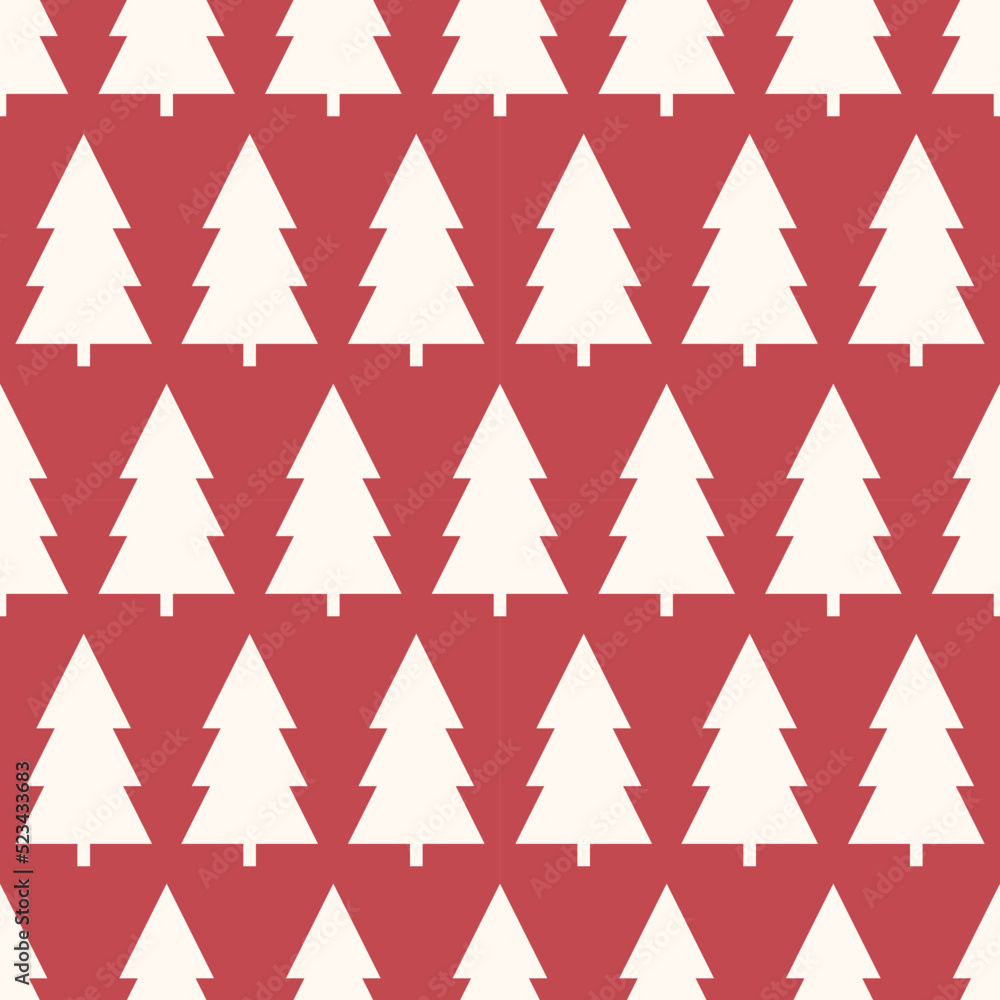 Seamless pattern with simple geometric tree silhouette. White trees on red background. Seamless pattern with simple geometric tree silhouette. White trees on red background.