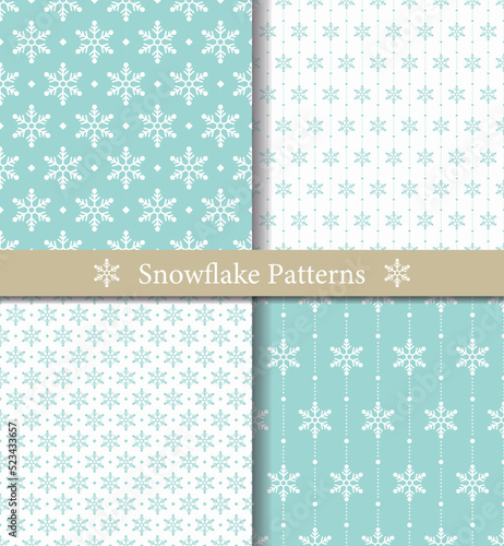 Set of seamless snowflake patterns. Aqua and white snowflakes.