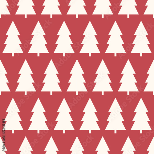 Seamless pattern with simple geometric tree silhouette. White trees on red background.