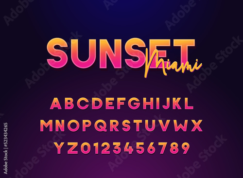 Sunset Miami lettering typography alphabet. Vector font for summer, night, clubbing events