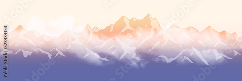 Mountain peaks in the clouds at sunrise, panoramic view, vector illustration