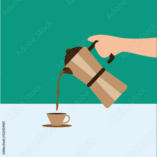 Simple Vector illustration drawing of a young happy barista pouring hot chocolate coffee to cup above the table. Cafe drink menu concept. Preparing coffee for customers. Modern design vector