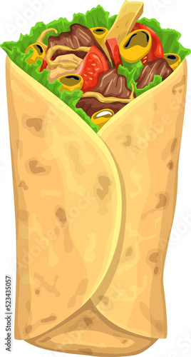 Burrito, grilled tortilla with meat and vegetables photo