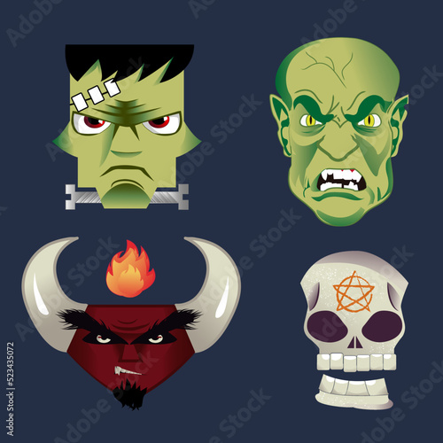 illustration of monster and demon heads for halloween