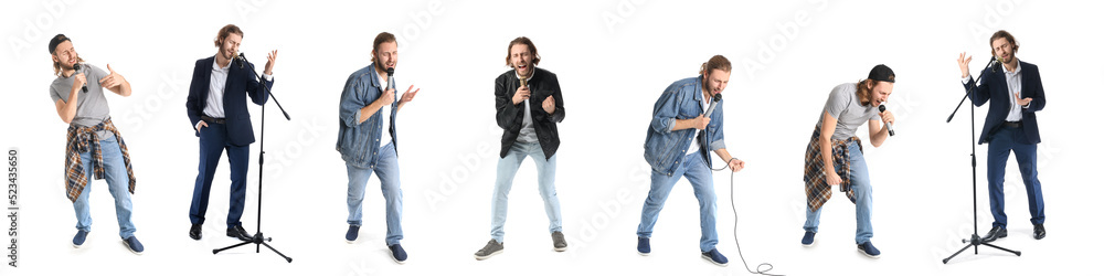 Set of handsome men singing in microphones on white background Set of handsome men singing in microphones on white background