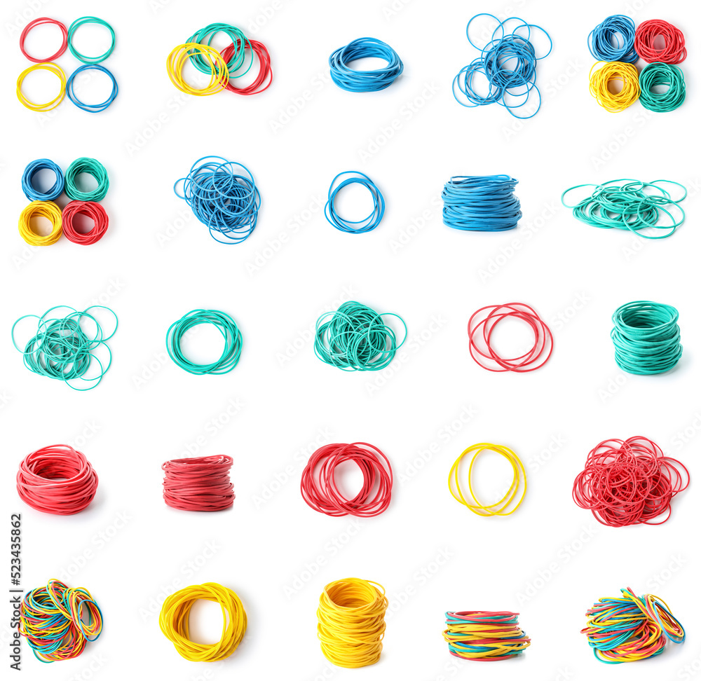 Collage of colorful elastic bands on white background