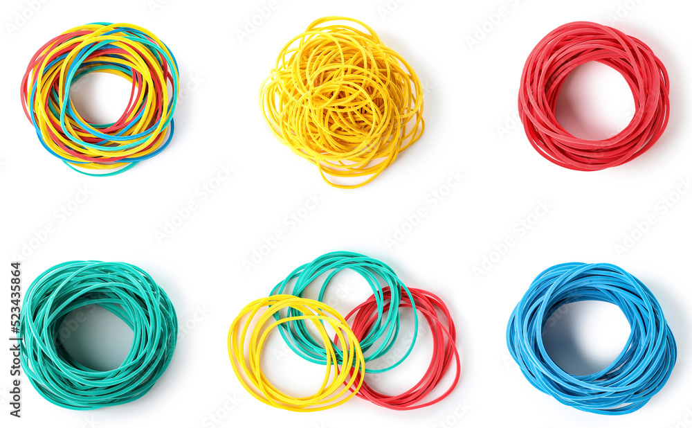 Collage of colorful elastic bands on white background, top view Collage of colorful elastic bands on white background, top view