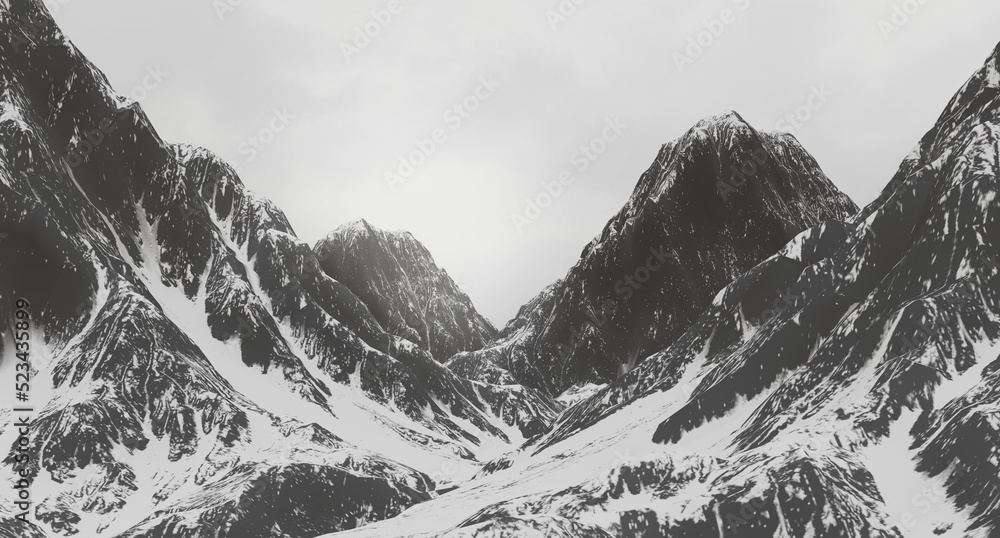 Snow mountains in a winter landscape. 3d rendering.