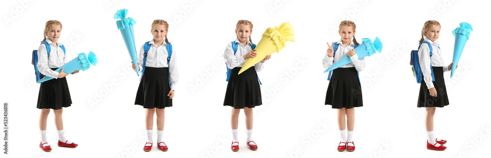 Set of cute little school girl with paper cone on white background Set of cute little school girl with paper cone on white background