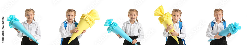Collage of cute little school girl with paper cone on white background Collage of cute little school girl with paper cone on white background