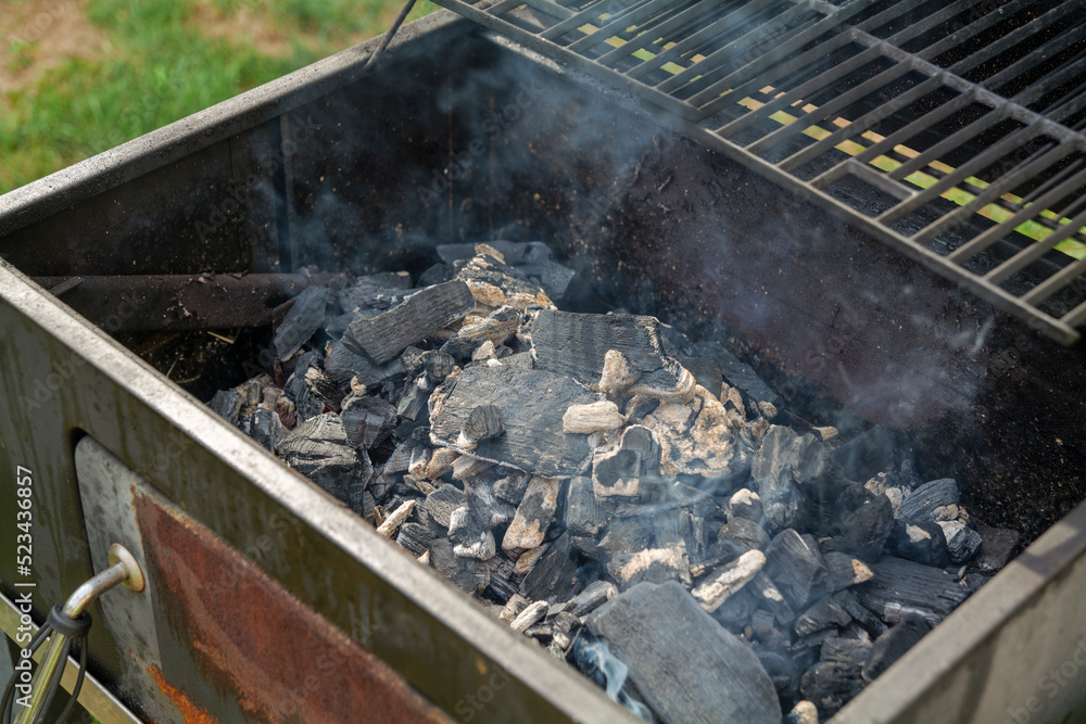 Home barbecue with charcoal in the backyard grilling steaks and other meats. High quality photo Home barbecue with charcoal in the backyard grilling steaks and other meats. High quality photo