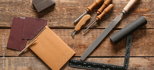 Canvas Print Set of carpenter's tools on wooden background, top view