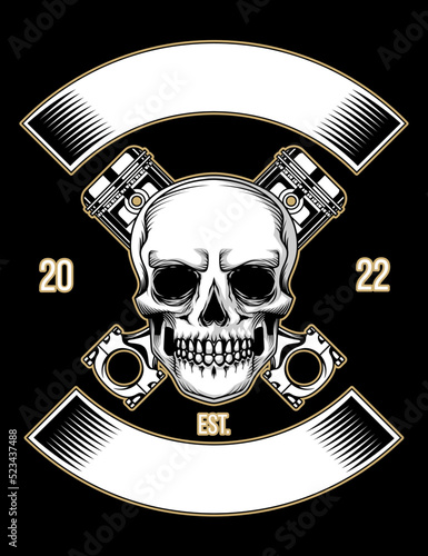 Premium skull with vintage banner and crossed piston vector illustration