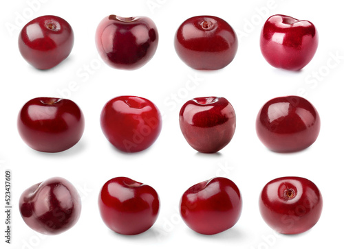 Set of many cherries isolated on white