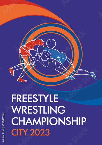 Freestyle Wrestling Championship. Drawn linear stylish athletes are fighting. Sports poster