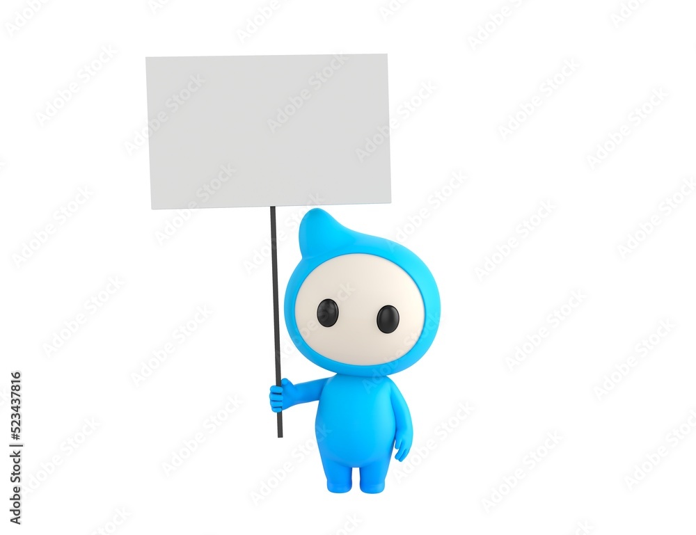 Blue Monster character holding blank banner in 3d rendering.