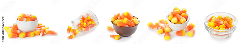Collage of sweet candy corns for Halloween on white background Collage of sweet candy corns for Halloween on white background