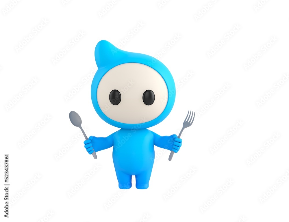 Blue Monster character holding fork and spoon in 3d rendering.