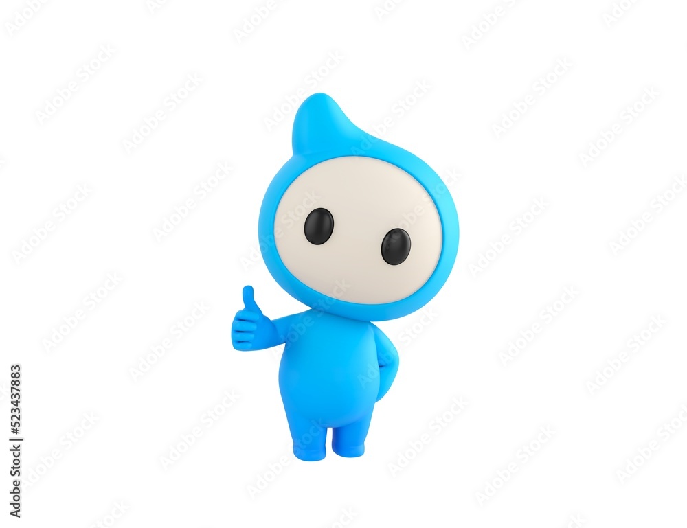 Blue Monster character showing thumb up with right hand in 3d rendering.