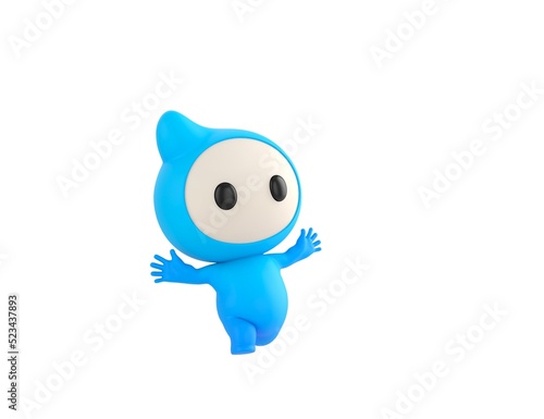 Blue Monster character running happily in 3d rendering.