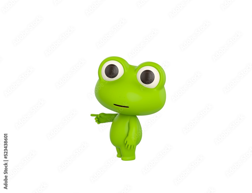 Fototapeta premium Little Frog character pointing index finger to the left in 3d rendering.