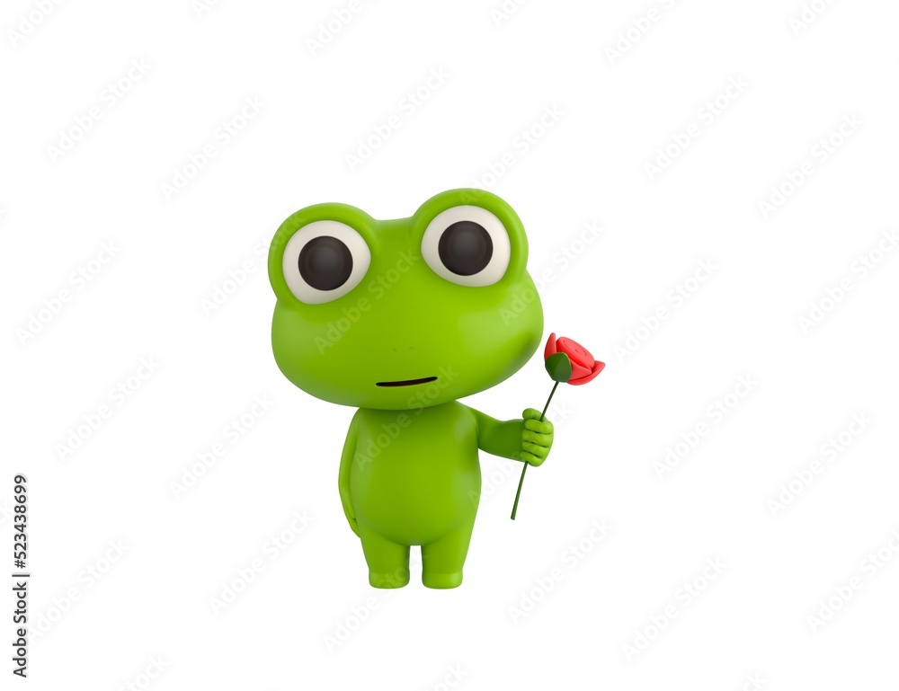 Fototapeta premium Little Frog character holding flower in 3d rendering.