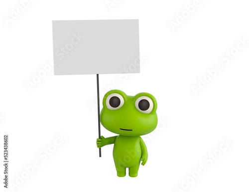 Little Frog character holding blank banner in 3d rendering.
