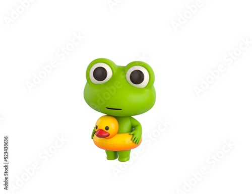 Little Frog character with inflatable duck ring in 3d rendering.