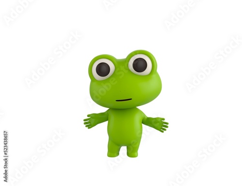 Little Frog character spreading his hands in 3d rendering.
