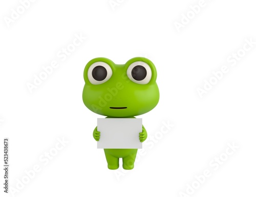 Little Frog character holding a blank billboard in 3d rendering.