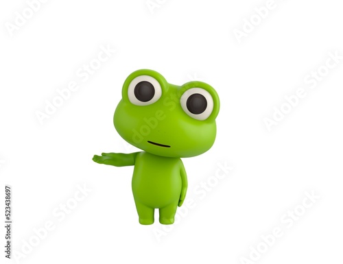 Little Frog character looking to camera and pointing hand to the side in 3d rendering.