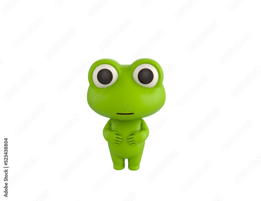 Fototapeta premium Little Frog character keeps both hands on belly in 3d rendering.
