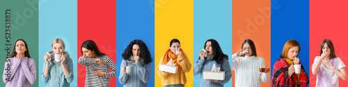Set of sick women on color ...