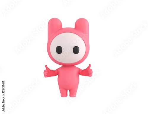 Pink Monster character showing thumb up with two hands in 3d rendering.